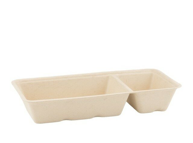 Suikerriet 2-vaks friet bakje. Plastic vrij Bio snackbakje A22 in pak van 50 stuks.