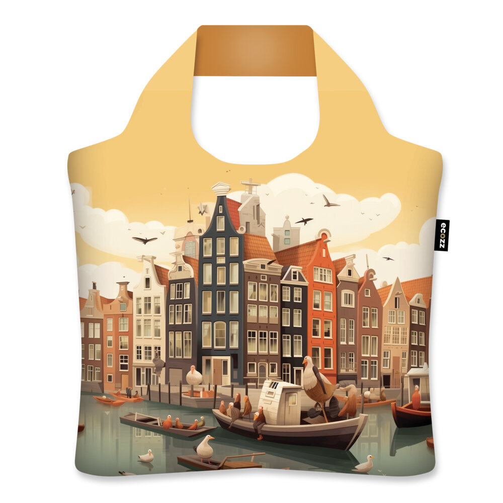 Ecozz rPet Ecoshopper met ritssluiting, Dutch print met grachtenpandjes
