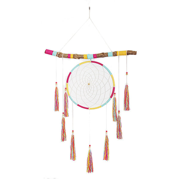 Fairtrade Dreamcatcher, grote dromenvanger in geel/blauw/roze