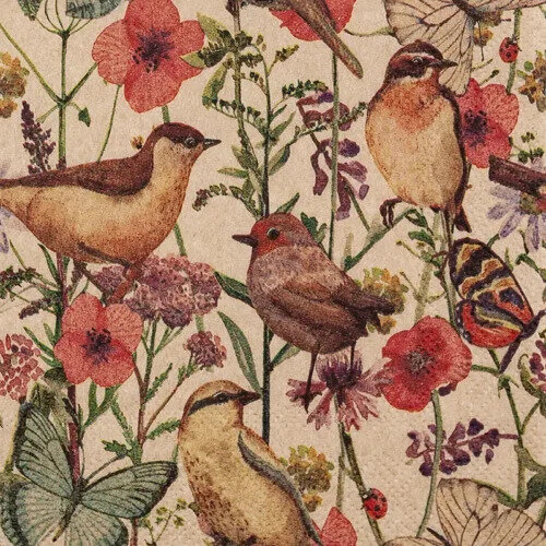 Cocktail servetten Birds in Spring print, 25x25cm gerecycled/ongebleekt 