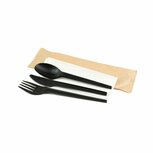 4-delige CPLA bestek set zwart: mes, vork, lepel en servet in zakje. Set van 25 zakjes. 4-delige CPLA bestek set zwart: mes, vork, lepel en servet in zakje. Set van 25 zakjes.