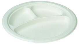 Suikerriet rond 3-vaks bord 26cm. Bio Wegwerpbord in pak van 50 stuks. Suikerriet rond 3-vaks bord 26cm. Bio Wegwerpbord in pak van 50 stuks.